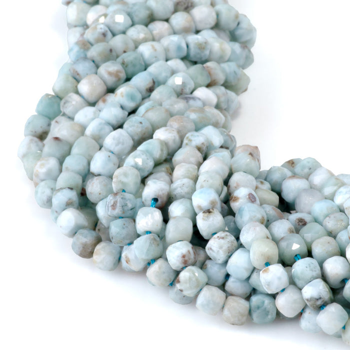 This is a Dakota Stones 4mm Larimar Gemstone strand with A grade faceted cube beads in 15-16 inch strand.
