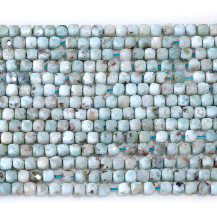 This is a Dakota Stones 4mm Larimar Gemstone strand with A grade faceted cube beads in 15-16 inch strand.