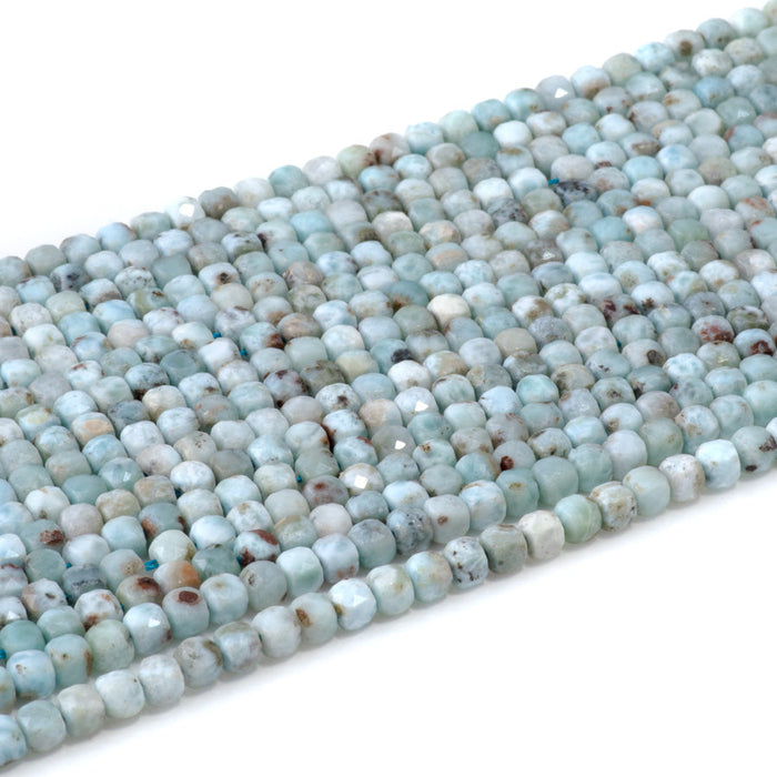 This is a Dakota Stones 4mm Larimar Gemstone strand with A grade faceted cube beads in 15-16 inch strand.