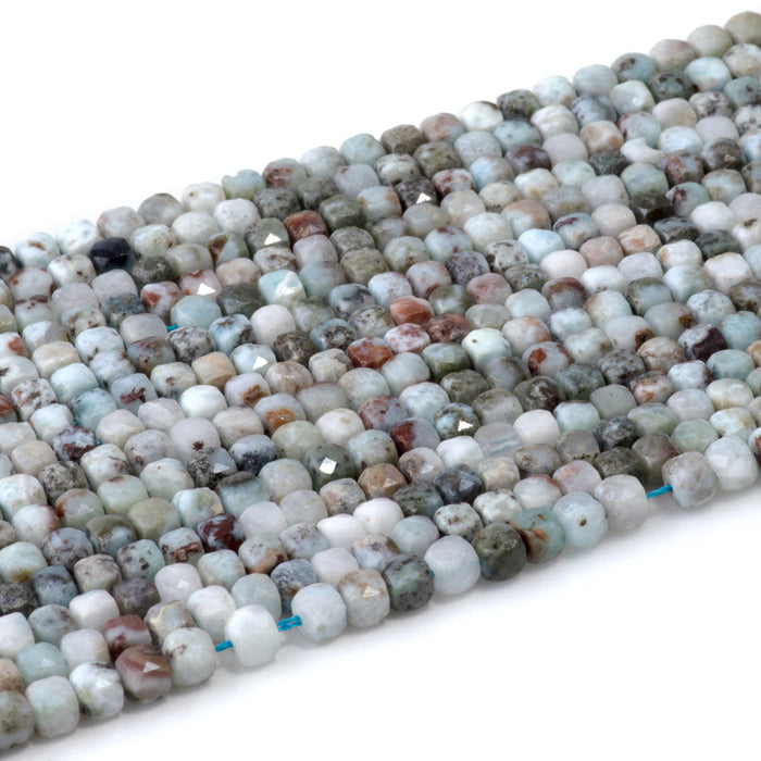 This is a Dakota Stones 4mm Larimar Matrix Gemstone strand with faceted cube beads in 15-16 inch strand.