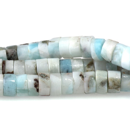 This is a Dakota Stones 4mm Larimar Matrix Gemstone strand with heishi beads in 15-16 inch strand.