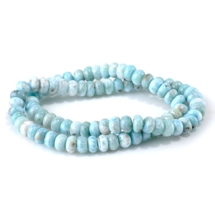 This is a Dakota Stones 4x7mm Larimar Gemstone strand with A grade rondelle beads in 15-16 inch strand.