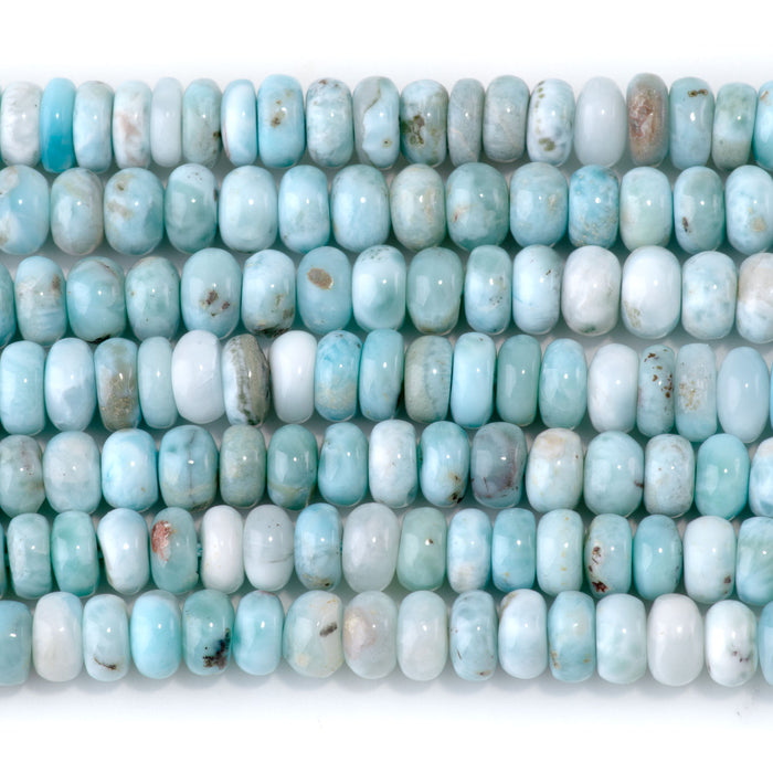 This is a Dakota Stones 4x7mm Larimar Gemstone strand with A grade rondelle beads in 15-16 inch strand.
