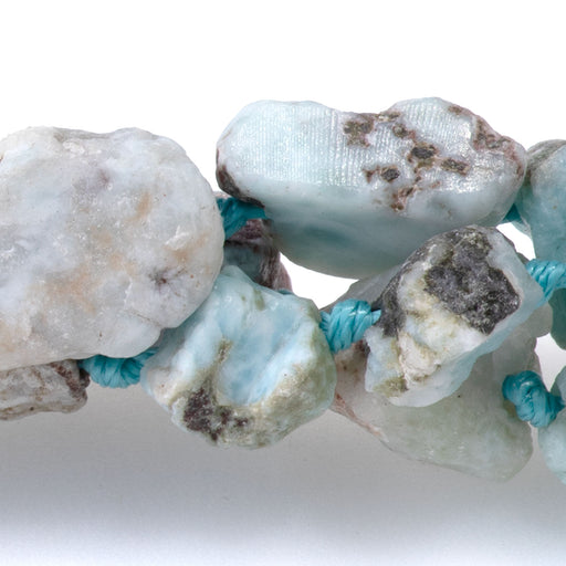 This is a Dakota Stones 8x10-10x12mm Larimar Gemstone strand with A grade rough nugget beads in 15-16 inch strand.