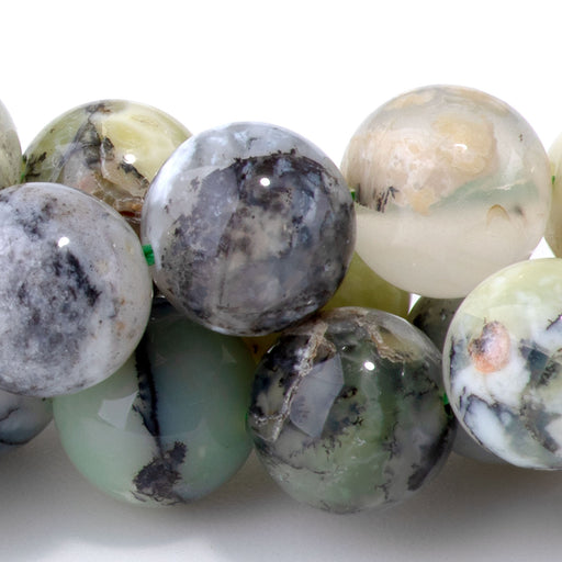 This is a Dakota Stones 10mm Madagascar Dendiritc Green Opal Gemstone strand with A grade round beads in 15-16 inch strand.