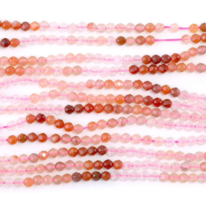 Banded Mixed Stone 3mm Faceted Round - Carnelian/Rose Quartz/Strawberry Quartz - 15-16 Inch