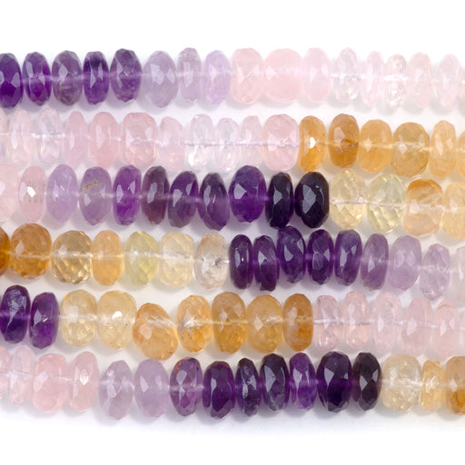 This is a Dakota Stones 4-9mm Mixed Stone Citrine Rose Quartz Gemstone strand with faceted rondelle beads in 18 inch strand.