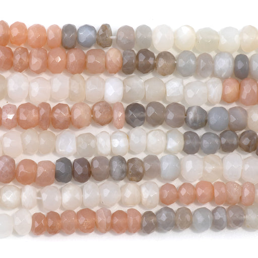 This is a Dakota Stones 4-7mm Mixed Moonstone Banded Gemstone strand with faceted rondelle beads in 18 inch strand.