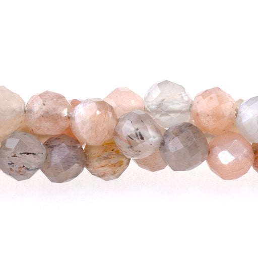 This is a Dakota Stones 4mm Peach Black Moonstone Microfaceted Gemstone strand with round beads in 15-16 inch strand.