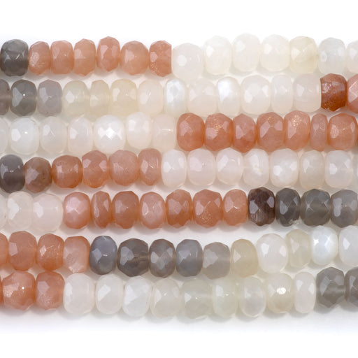This is a Dakota Stones 5-8mm Mixed Moonstone Banded Gemstone strand with faceted rondelle beads in 18 inch strand.