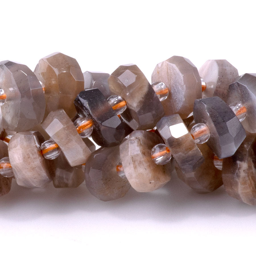 Black and Peach Moonstone 5x9mm Irregular Rondelle Faceted - 15-16 Inch