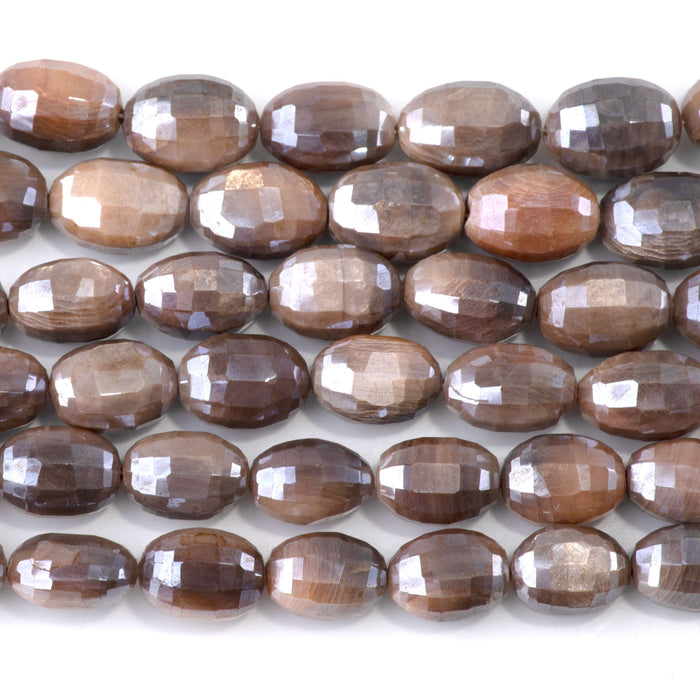 Chocolate Moonstone 7-8x12-15mm Dyed & Plated Faceted Puff Oval Beads - 15-16 Inch