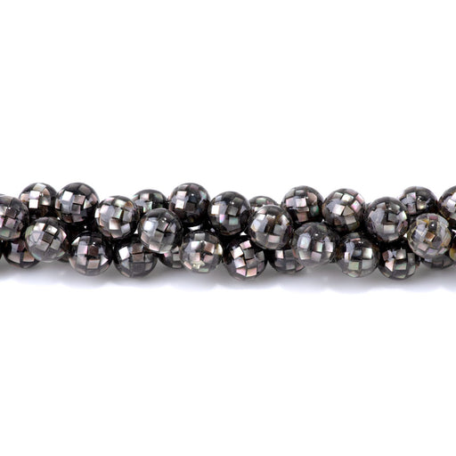 This is a Dakota Stones 10mm Black Mother of Pearl Mosaic Gemstone strand with round beads in 15-16 inch strand.