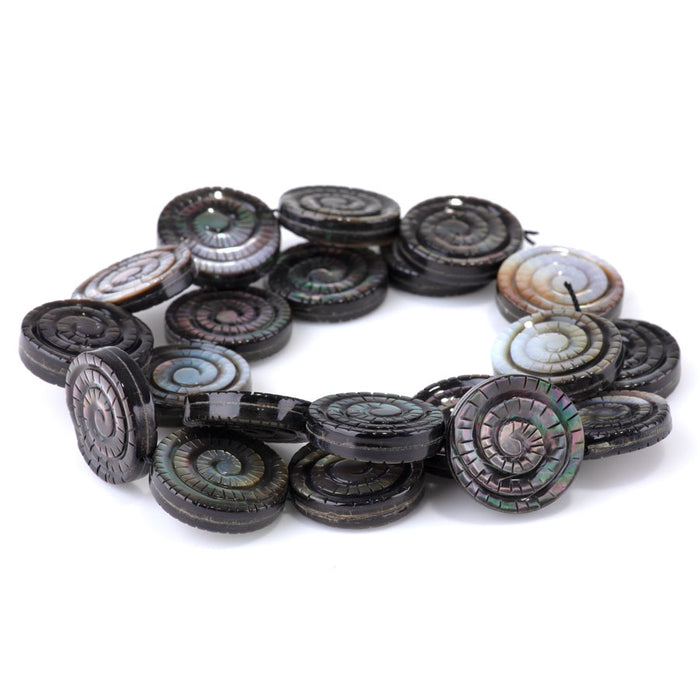 Mother of Pearl 20mm Round Carved Swirl Double Black - 15-16 Inch