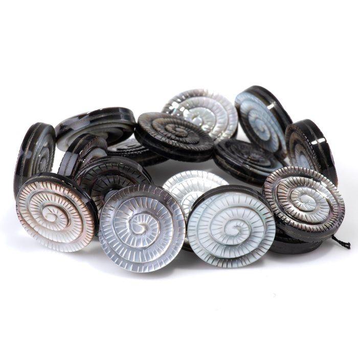 Black Mother of Pearl 25mm Swirl Coin  - 15-16 Inch