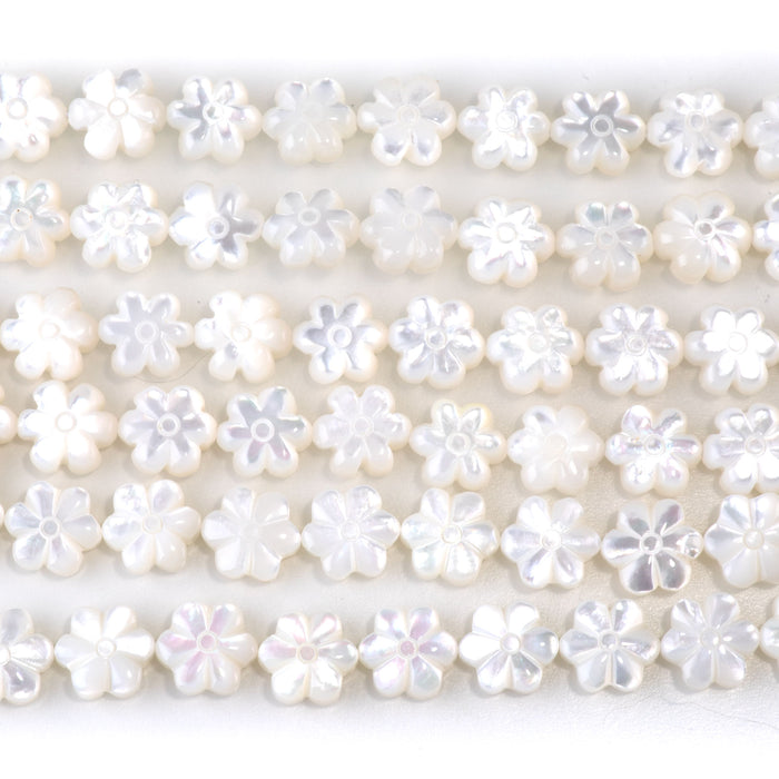 Mother of Pearl 9mm White Carved Flower Bead - 15-16 Inch
