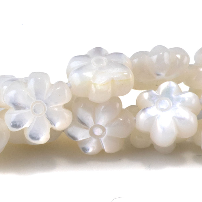 Mother of Pearl 9mm White Carved Flower Bead - 15-16 Inch