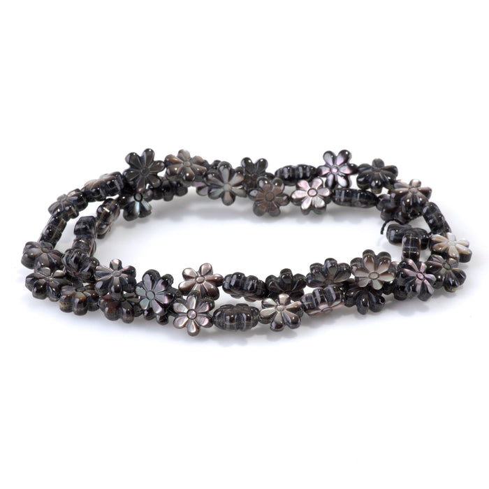 Mother of Pearl 9mm Black Carved Flower Bead - 15-16 Inch