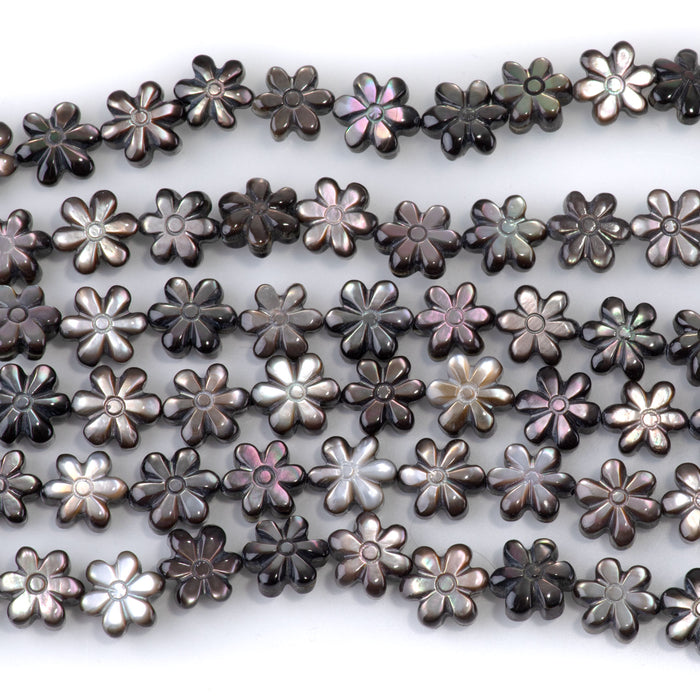 Mother of Pearl 9mm Black Carved Flower Bead - 15-16 Inch