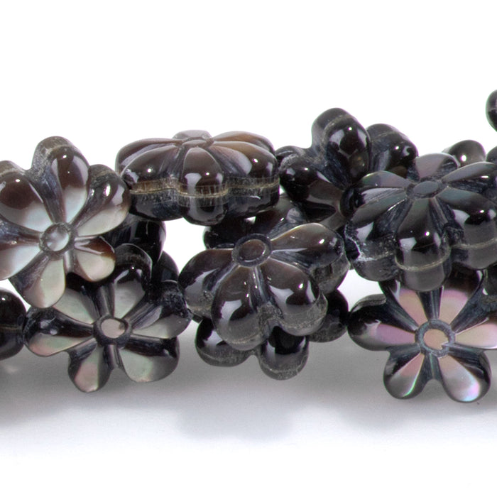Mother of Pearl 9mm Black Carved Flower Bead - 15-16 Inch