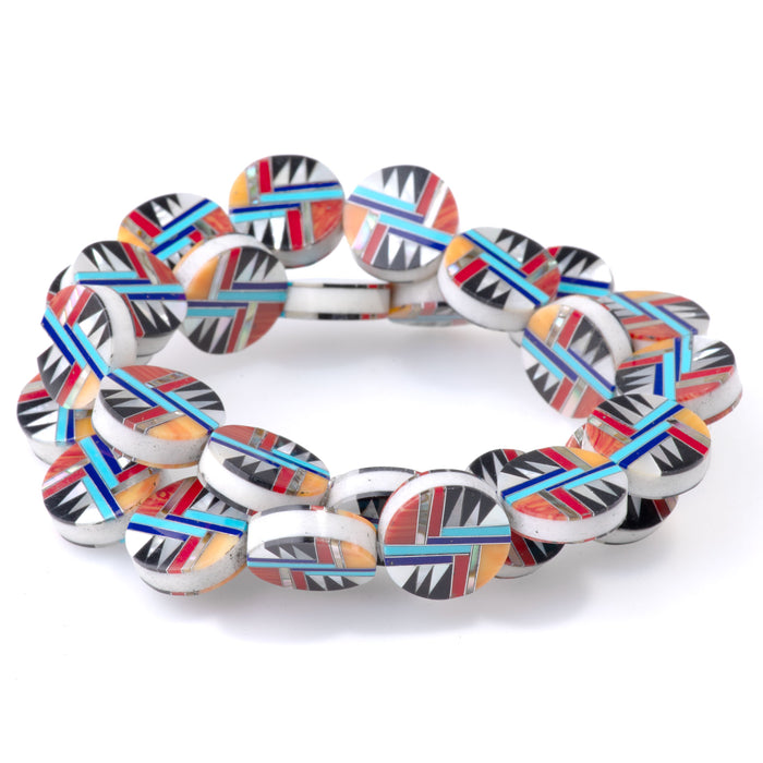 Mosaic 15mm Inlay Coin - Coral, Mother Of Pearl, & Turquoise - 15-16 Inch