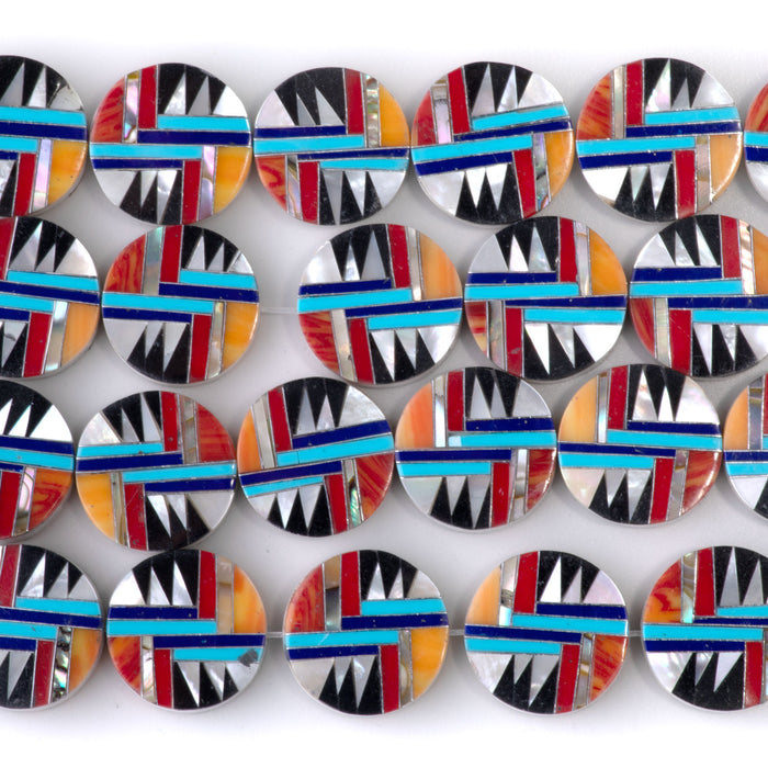 Mosaic 15mm Inlay Coin - Coral, Mother Of Pearl, & Turquoise - 15-16 Inch