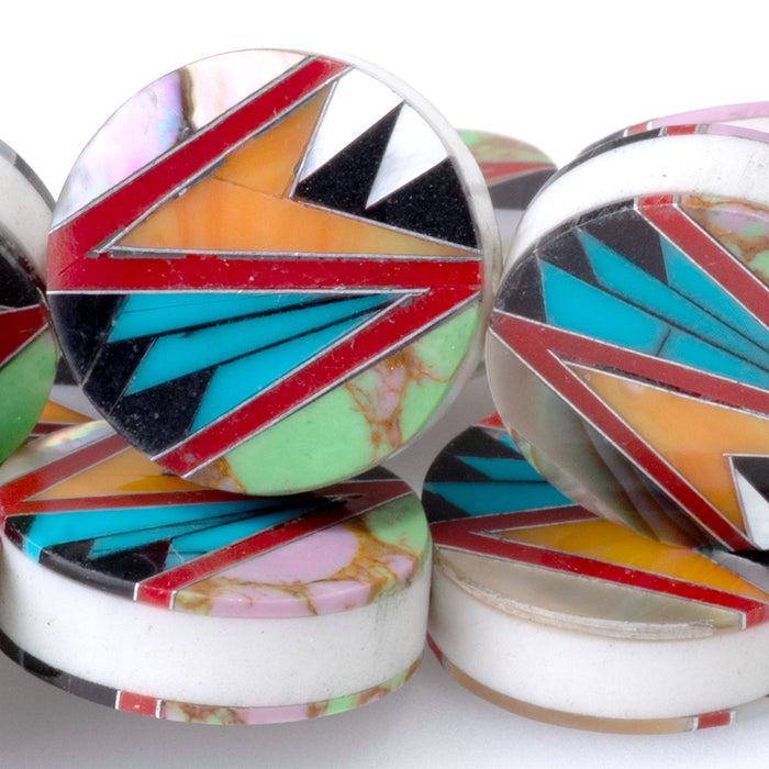 Mosaic 15mm Inlay Coin - Coral, Turquoise, & Jet - 15-16 Inch