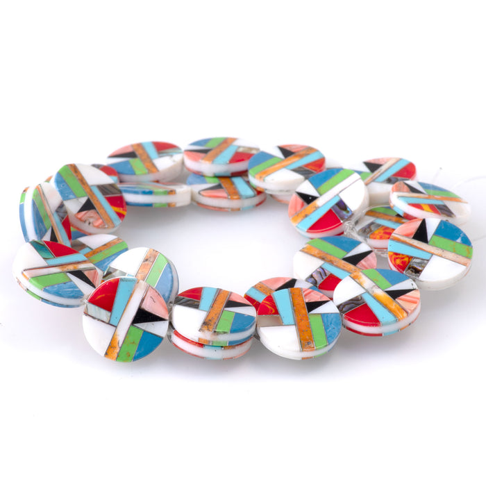 Mosaic 15mm Inlay Coin - Abalone, Coral, & Gaspeite - 15-16 Inch