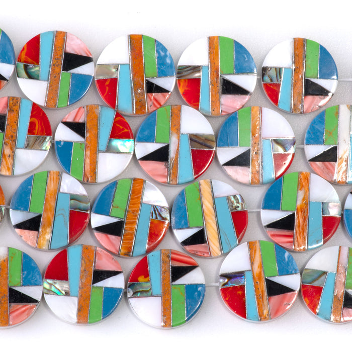Mosaic 15mm Inlay Coin - Abalone, Coral, & Gaspeite - 15-16 Inch