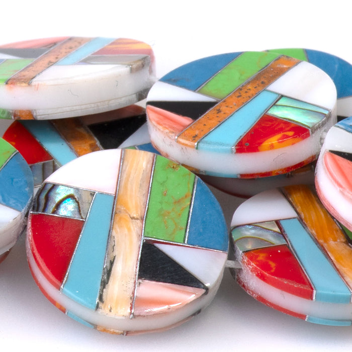 Mosaic 15mm Inlay Coin - Abalone, Coral, & Gaspeite - 15-16 Inch