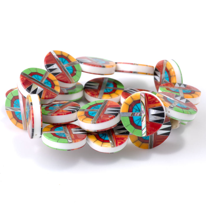 Mosaic 20mm Inlay Coin - Coral, Gaspeite, & Abalone - 15-16 Inch