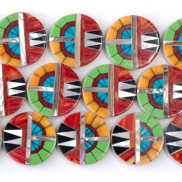 Mosaic 20mm Inlay Coin - Coral, Gaspeite, & Abalone - 15-16 Inch