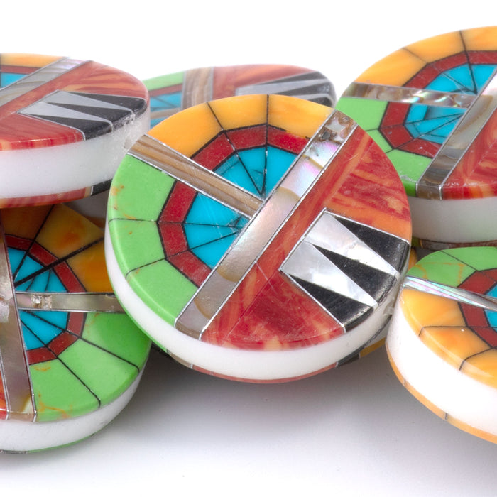 Mosaic 20mm Inlay Coin - Coral, Gaspeite, & Abalone - 15-16 Inch