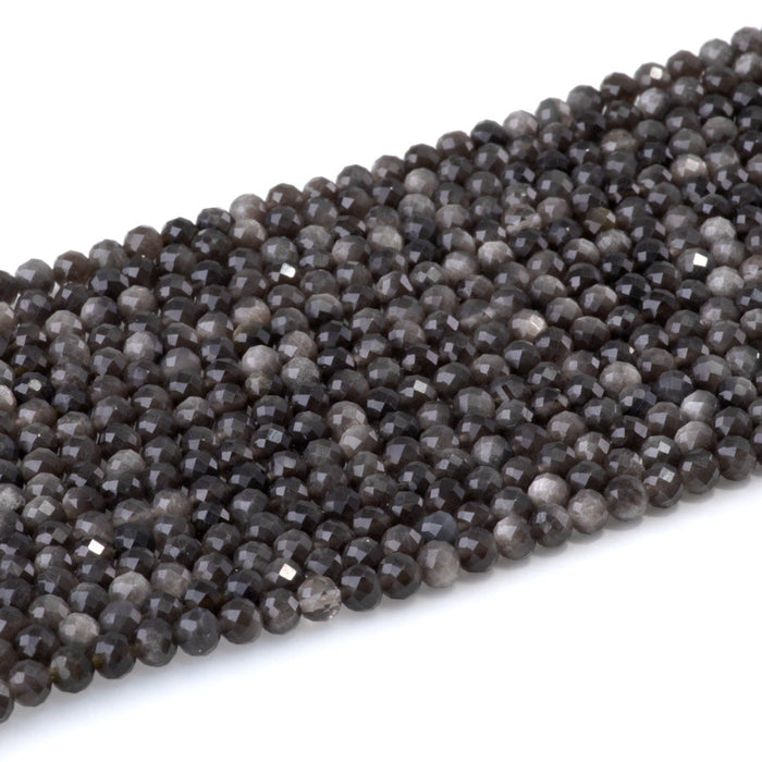 This is a Dakota Stones 4mm Silver Obsidian Microfaceted Gemstone strand with round beads in 15-16 inch strand.
