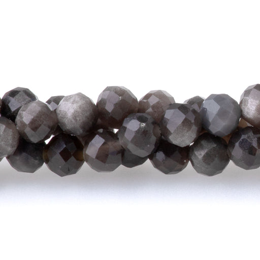 This is a Dakota Stones 4mm Silver Obsidian Microfaceted Gemstone strand with round beads in 15-16 inch strand.
