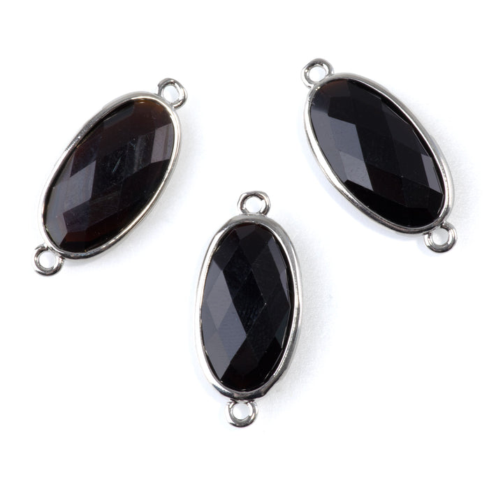 Black Obsidian 12x25mm Faceted Oval Focal Connector - Silver
