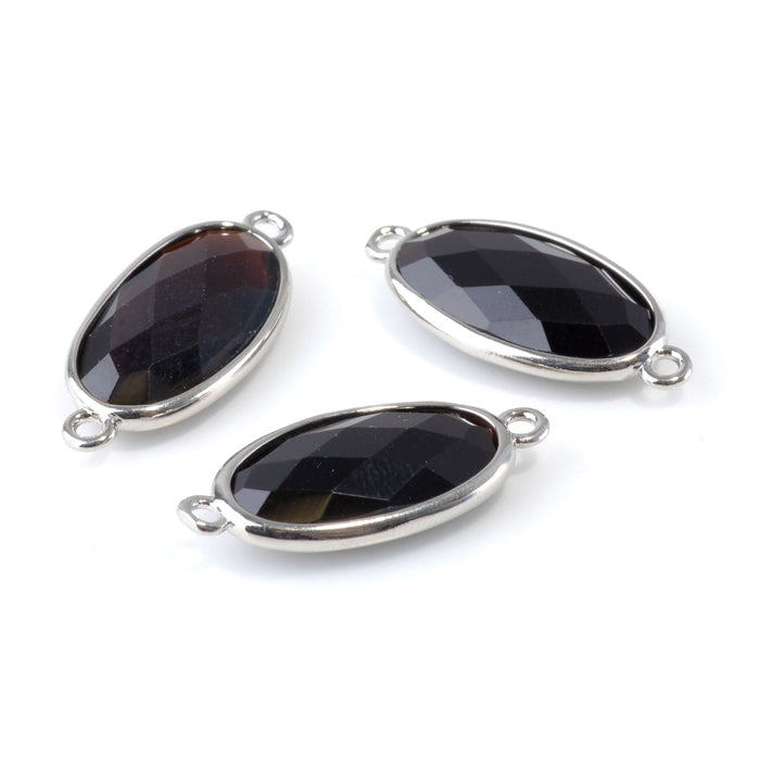 Black Obsidian 12x25mm Faceted Oval Focal Connector - Silver