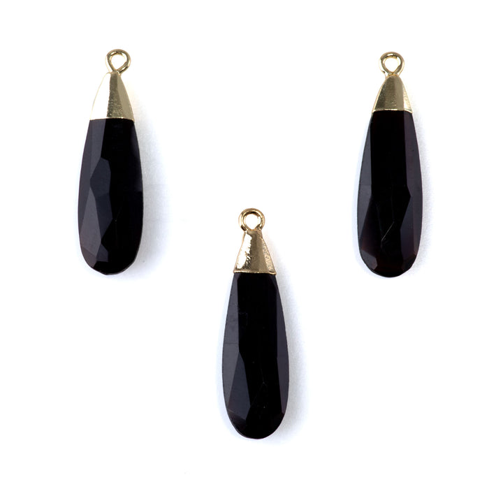 Black Obsidian 9x32mm Faceted Tear Drop Gold Plated Pendant