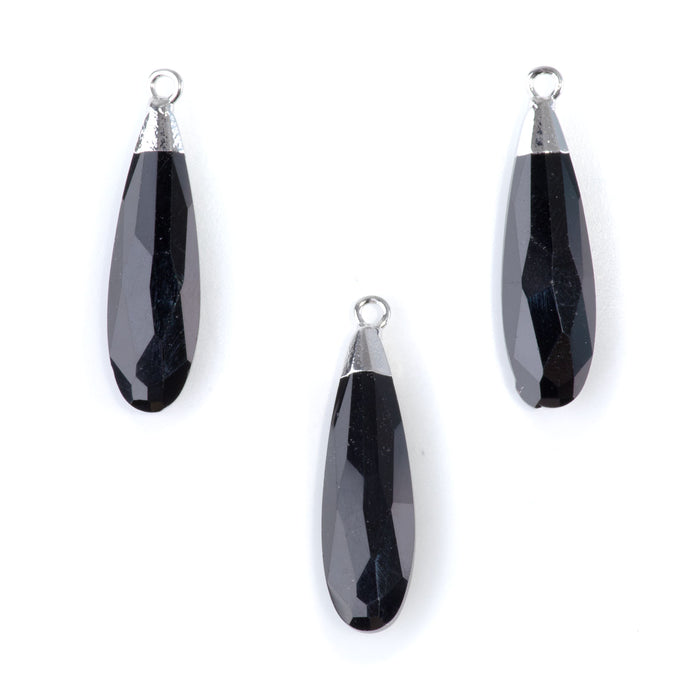 Black Obsidian 9x32mm Faceted Tear Drop Silver Plated Pendant