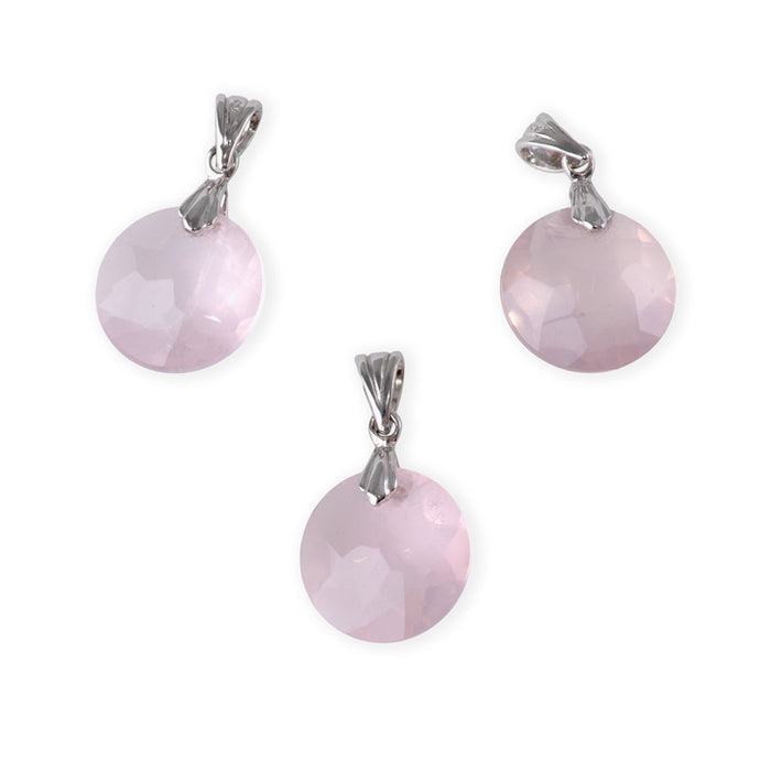 Rose Quartz 14mm Faceted Puff Coin Pendant with .925 Bail