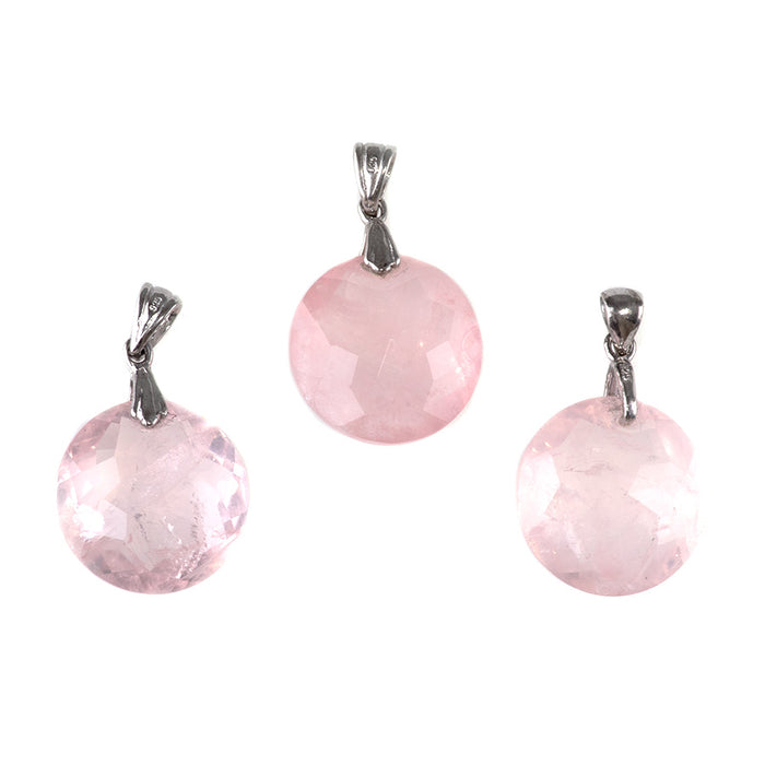 Rose Quartz 18mm Faceted Round Pendant with .925 Sterling Silver Bail