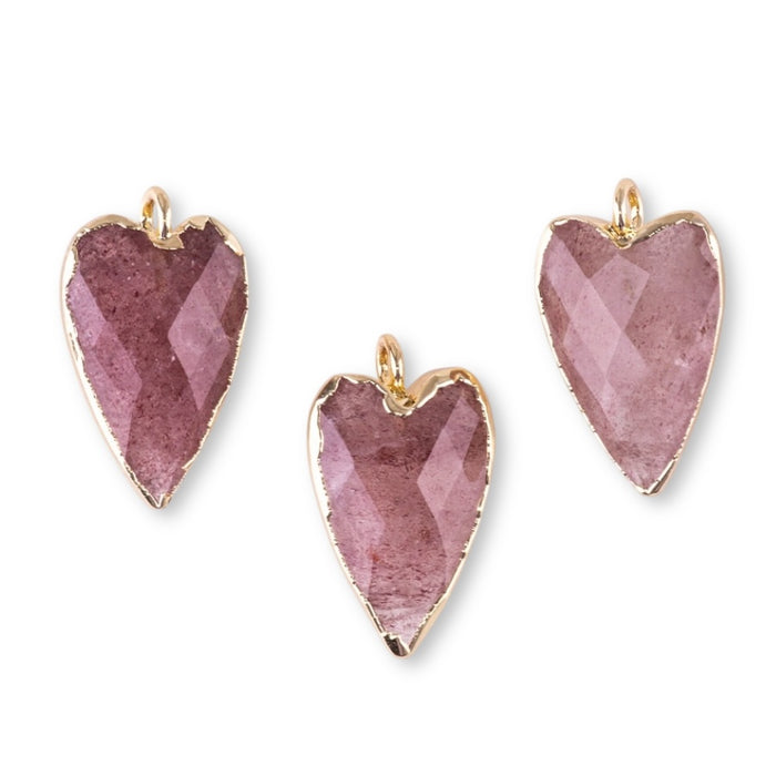 Strawberry Quartz 13x22mm Faceted Heart Gold Plated Pendant