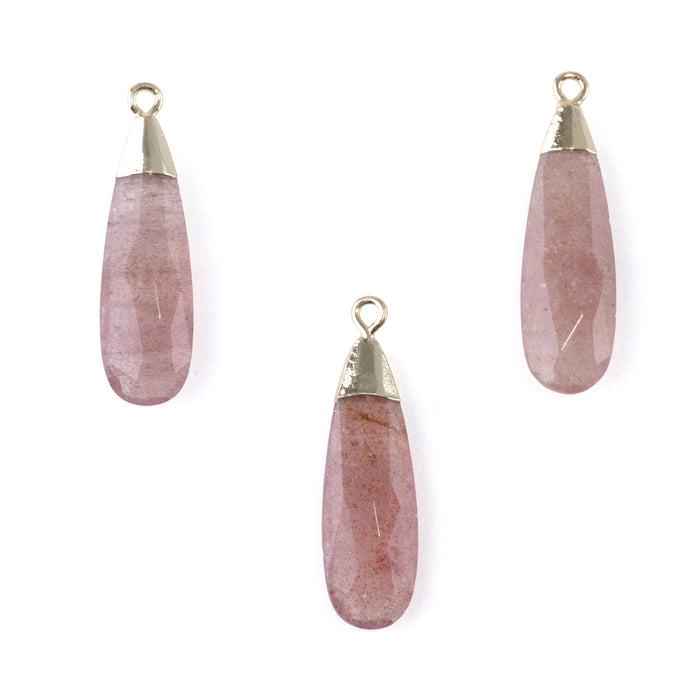 Strawberry Quartz 9x32mm Faceted Tear Drop Gold Plated Pendant