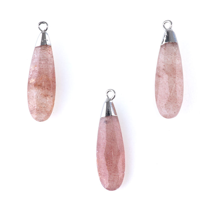 Strawberry Quartz 9x32mm Faceted Tear Drop Silver Plated Pendant