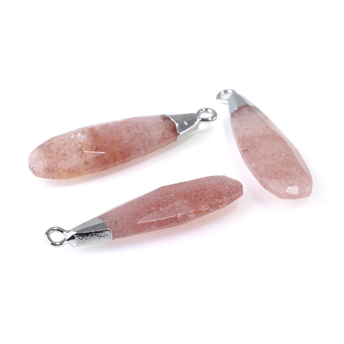 Strawberry Quartz 9x32mm Faceted Tear Drop Silver Plated Pendant