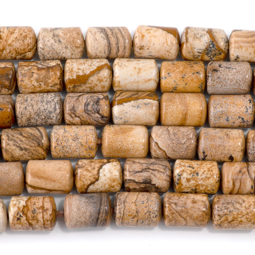 This is a Dakota Stones 10x14mm Picture Jasper Large Hole Gemstone strand with barrel beads.