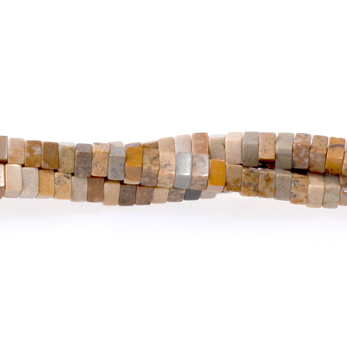 This is a Dakota Stones 1x2mm Picture Jasper Gemstone strand with rondelle square beads in 15-16 inch strand.