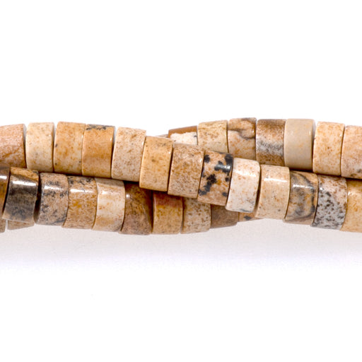 This is a Dakota Stones 2x4mm Picture Jasper Gemstone strand with heishi beads in 15-16 inch strand.