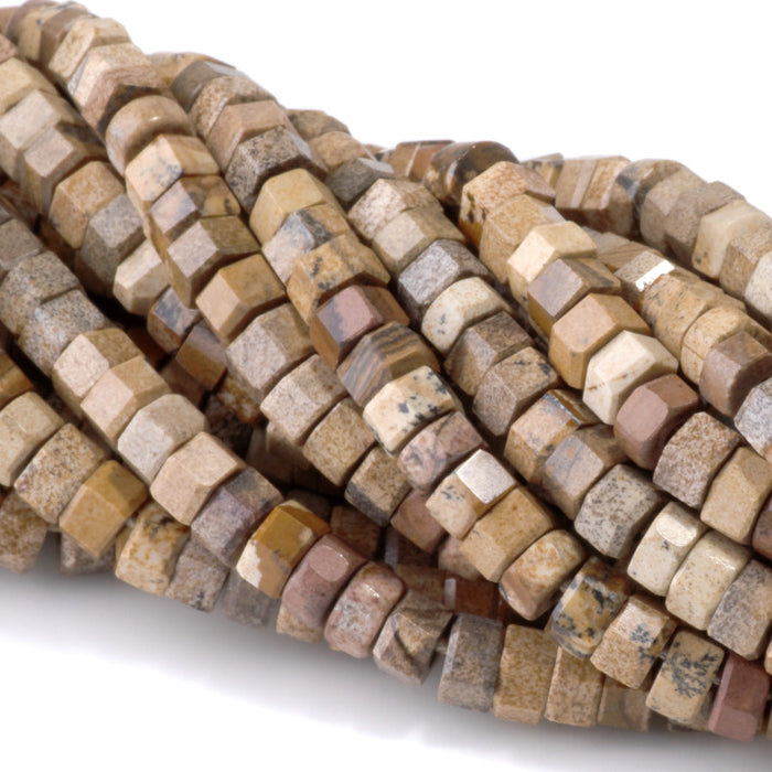 This is a Dakota Stones 6mm Picture Jasper Large Hole Gemstone strand with faceted hexagon beads in 8 inch strand.