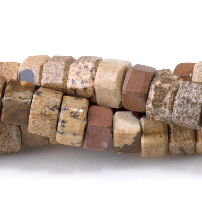 This is a Dakota Stones 6mm Picture Jasper Large Hole Gemstone strand with faceted hexagon beads in 8 inch strand.